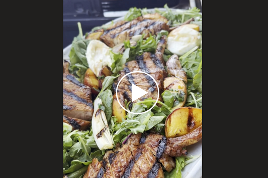 [Video] Summer Salad: Hot Honey Pork Chops w/ Grilled Peaches & Burrata