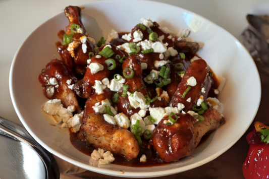 Smoked Peach Bourbon Wings w/ Goat Cheese Crumbles Recipe