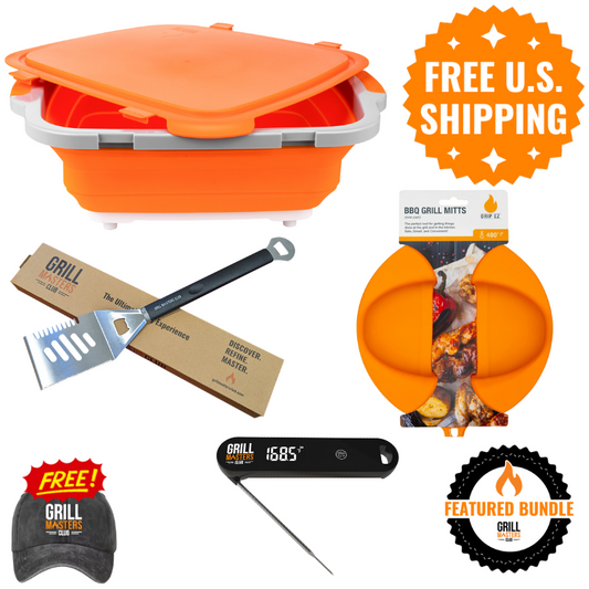 BBQ Champion's Bundle: Prep Tub, Grill Mitts, Thermometer & Spatula w/ FREE Hat