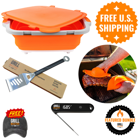 BBQ Champion's Bundle: Prep Tub, Grill Mitts, Thermometer & Spatula w/ FREE Hat