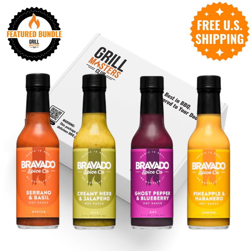 Bravado Hot Sauce 4-Pack: Serrano Basil, Herb Jalapeno, Ghost Pepper Blueberry & Pineapple Habanero