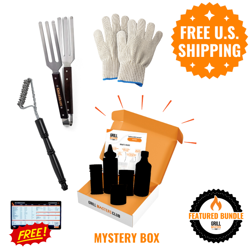 Smoker's Delight Bundle: GrateTongs, Grill Brush, Mystery BBQ Box & Grilling Gloves w/ FREE Time & Temp Magnet